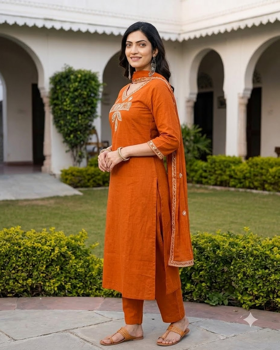 Women's Rust Orange Embroidered A-Line Kurta Pant Set with Dupatta – 3-Piece Cotton Blend Flared Suit Set with Pockets