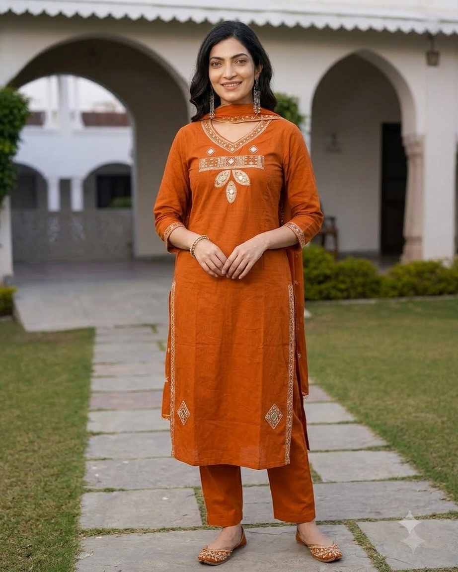 Women's Rust Orange Embroidered A-Line Kurta Pant Set with Dupatta – 3-Piece Cotton Blend Flared Suit Set with Pockets