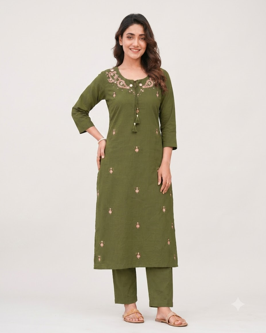 Women's Olive Green Pure Cotton Embroidered Kurta Pant Set – 3-Piece Mehendi Traditional Straight Suit Set with Mirror Work