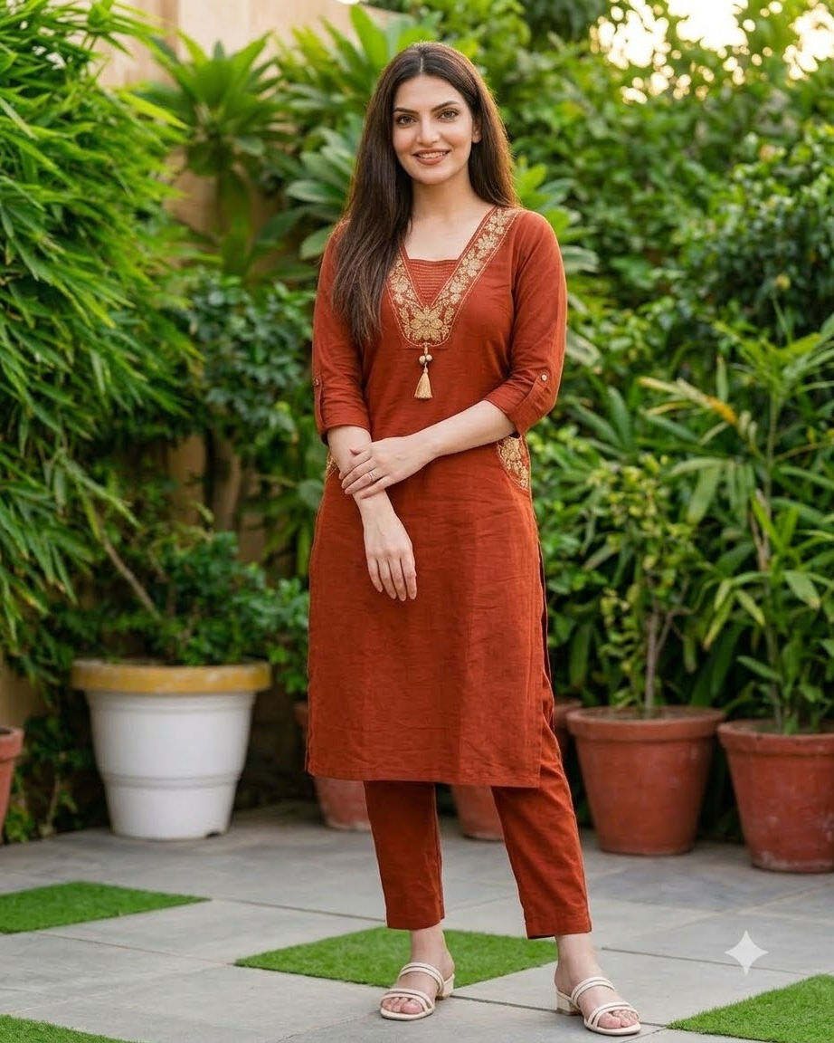 Women's Rust Orange Embroidered Straight Kurta Pant Set with Dupatta – 3-Piece Terracotta Cotton Blend Suit Set with Embroidered Pockets