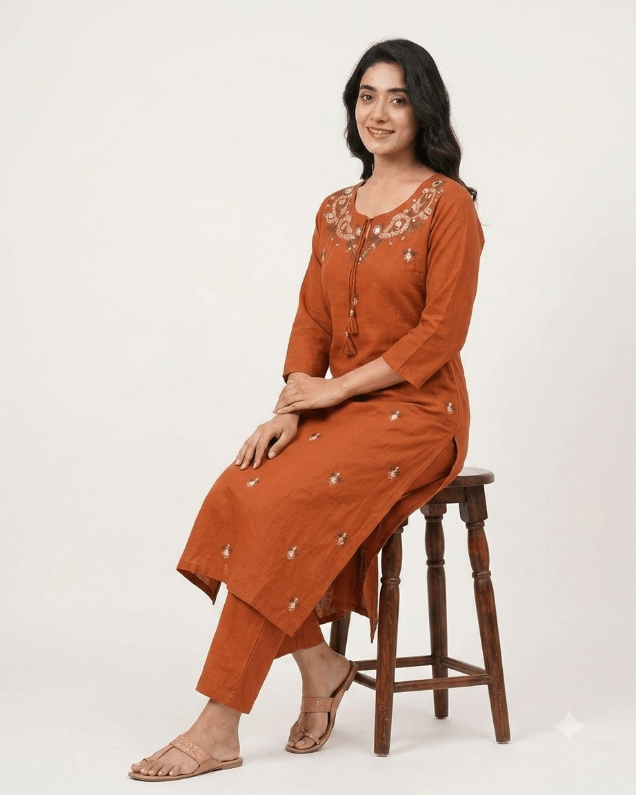 Women's Rust Orange Pure Cotton Embroidered Kurta Pant Set – 3-Piece Traditional Ethnic Straight Suit Set with Mirror Work