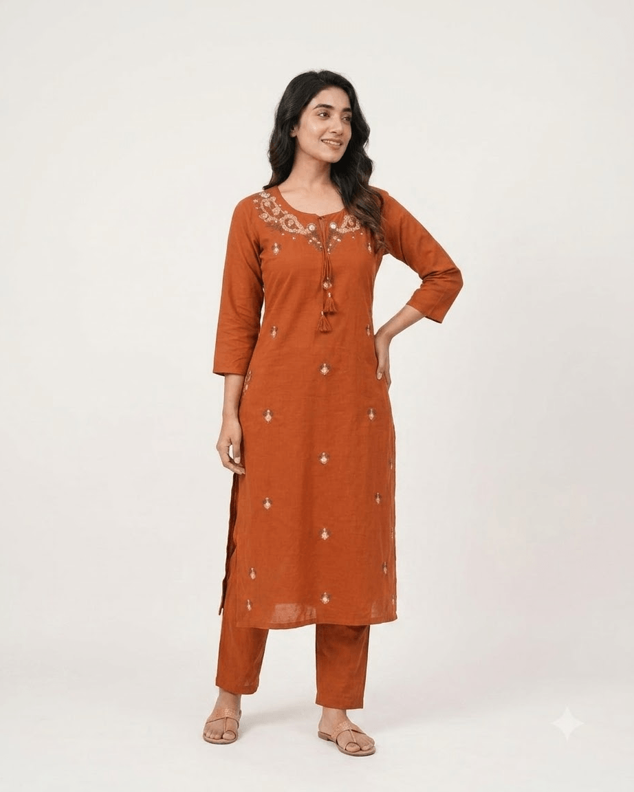 Women's Rust Orange Pure Cotton Embroidered Kurta Pant Set – 3-Piece Traditional Ethnic Straight Suit Set with Mirror Work
