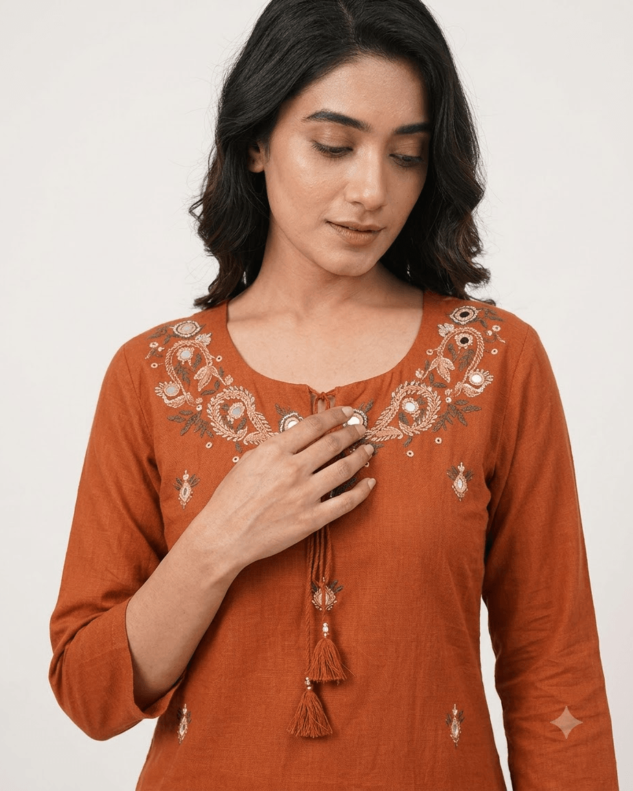 Women's Rust Orange Pure Cotton Embroidered Kurta Pant Set – 3-Piece Traditional Ethnic Straight Suit Set with Mirror Work