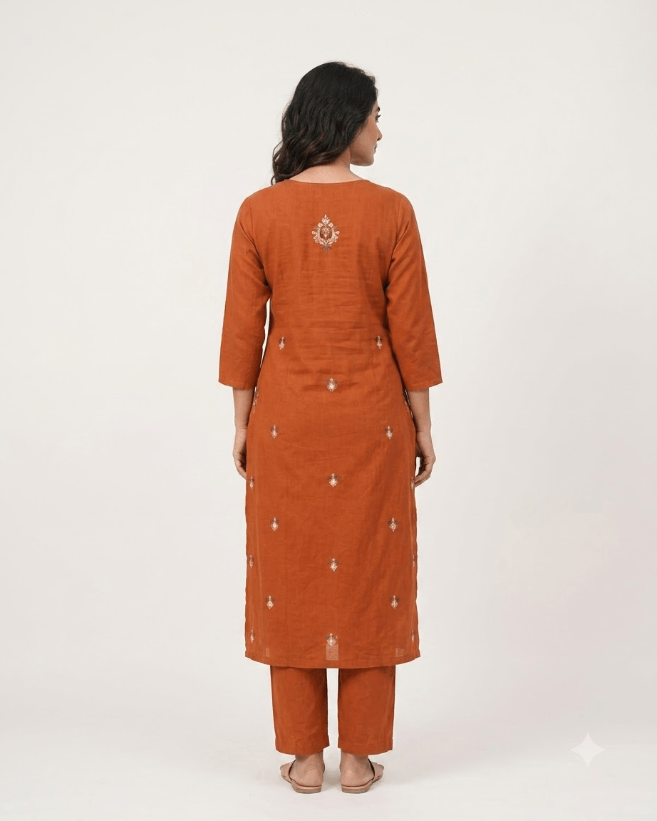 Women's Rust Orange Pure Cotton Embroidered Kurta Pant Set – 3-Piece Traditional Ethnic Straight Suit Set with Mirror Work