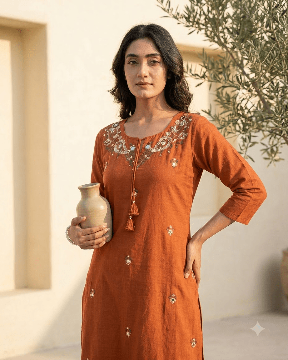 Women's Rust Orange Pure Cotton Embroidered Kurta Pant Set – 3-Piece Traditional Ethnic Straight Suit Set with Mirror Work