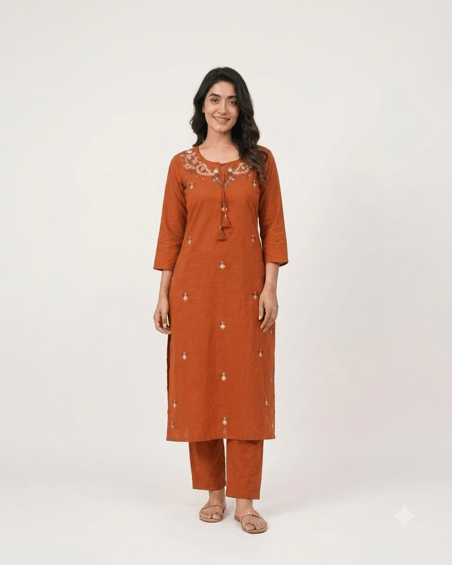 Women's Rust Orange Pure Cotton Embroidered Kurta Pant Set – 3-Piece Traditional Ethnic Straight Suit Set with Mirror Work