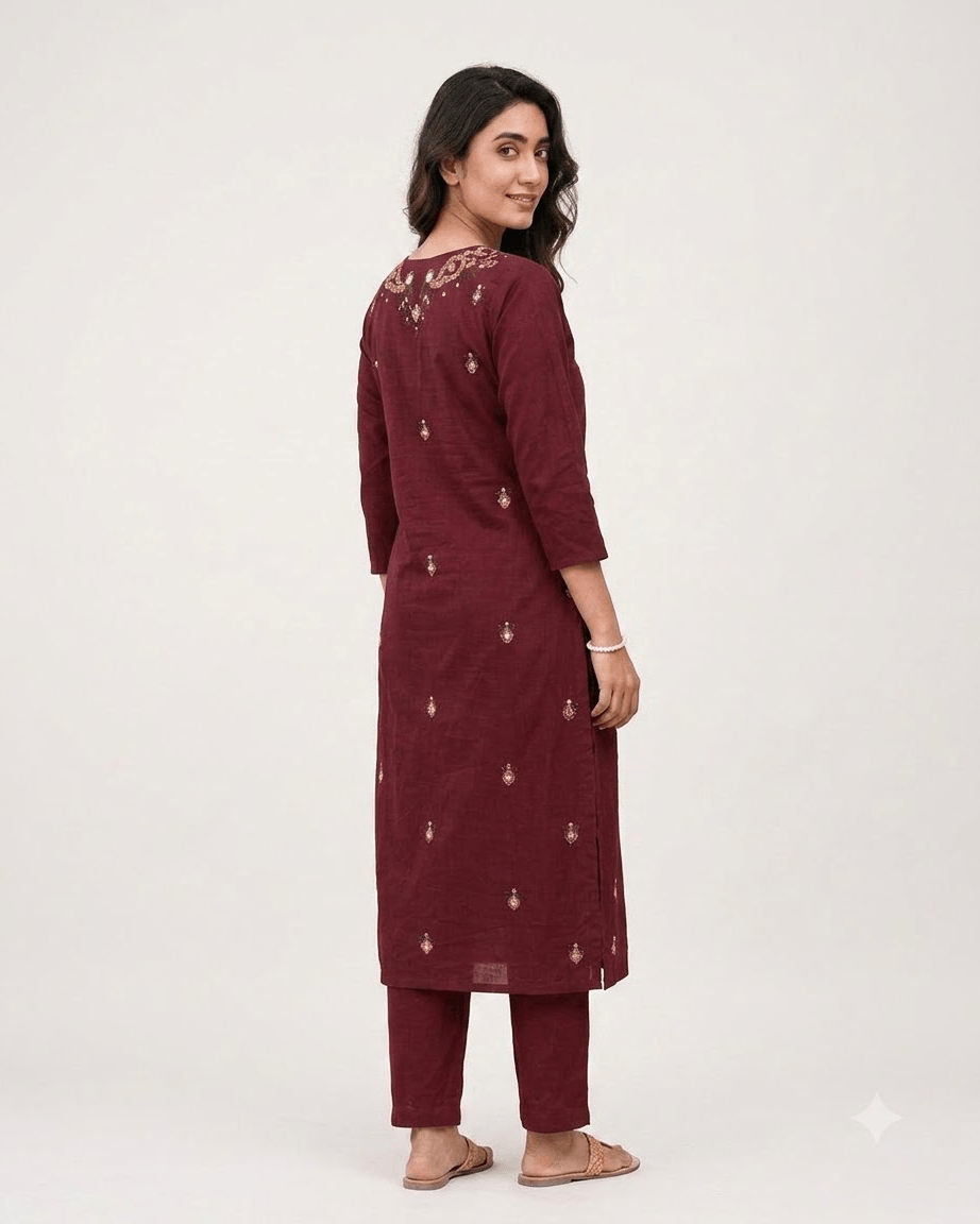 Women's Maroon Pure Cotton Embroidered Kurta Pant Set – 3-Piece Traditional Ethnic Straight Suit Set with Mirror Work
