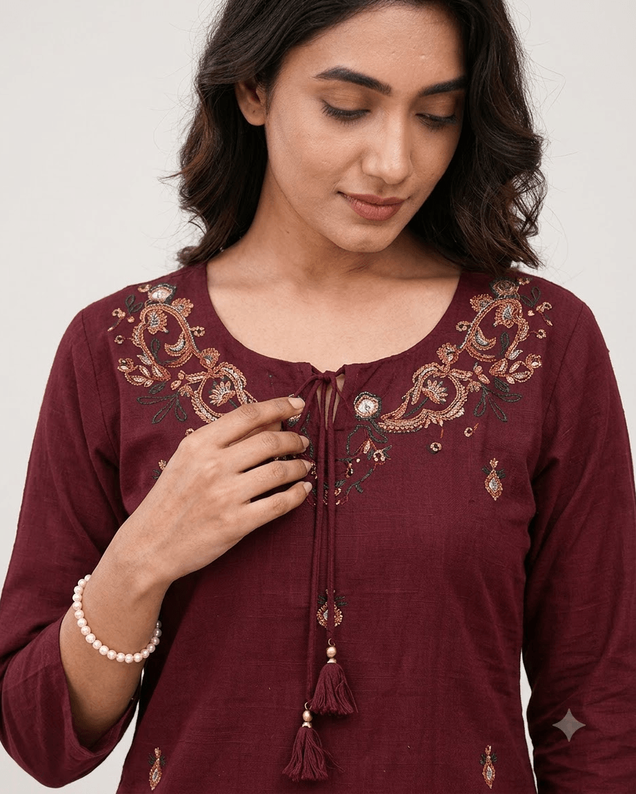 Women's Maroon Pure Cotton Embroidered Kurta Pant Set – 3-Piece Traditional Ethnic Straight Suit Set with Mirror Work