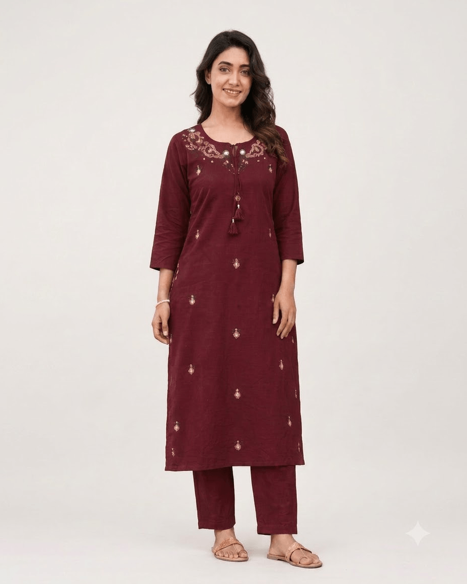 Women's Maroon Pure Cotton Embroidered Kurta Pant Set – 3-Piece Traditional Ethnic Straight Suit Set with Mirror Work