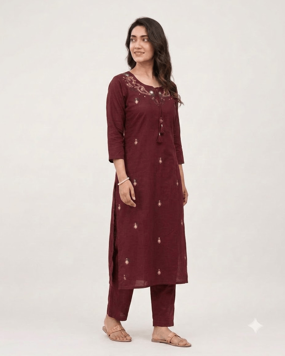 Women's Maroon Pure Cotton Embroidered Kurta Pant Set – 3-Piece Traditional Ethnic Straight Suit Set with Mirror Work