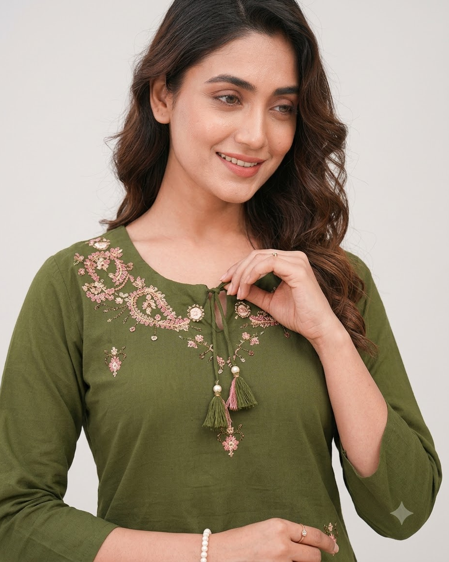 Women's Olive Green Pure Cotton Embroidered Kurta Pant Set – 3-Piece Mehendi Traditional Straight Suit Set with Mirror Work