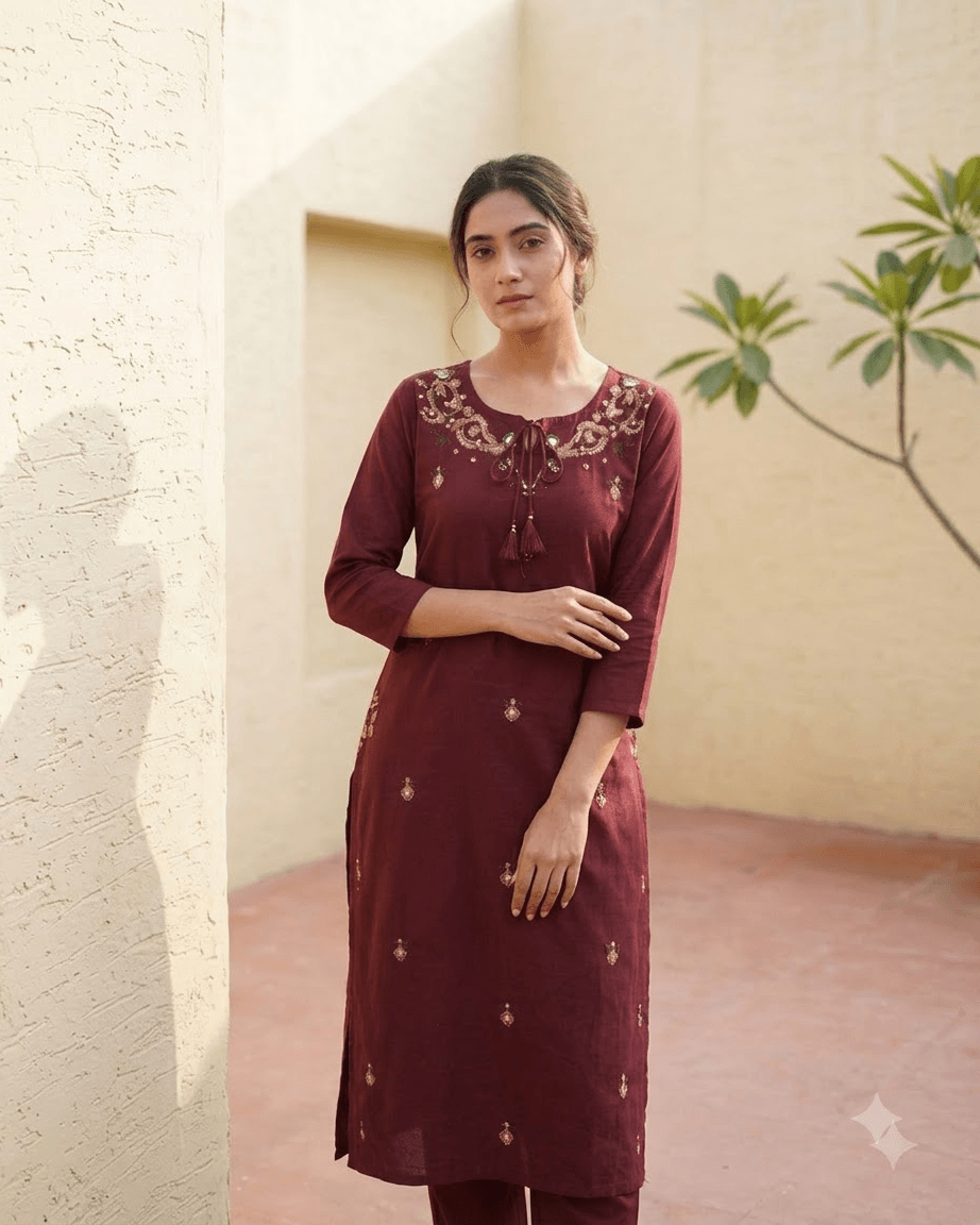 Women's Maroon Pure Cotton Embroidered Kurta Pant Set – 3-Piece Traditional Ethnic Straight Suit Set with Mirror Work