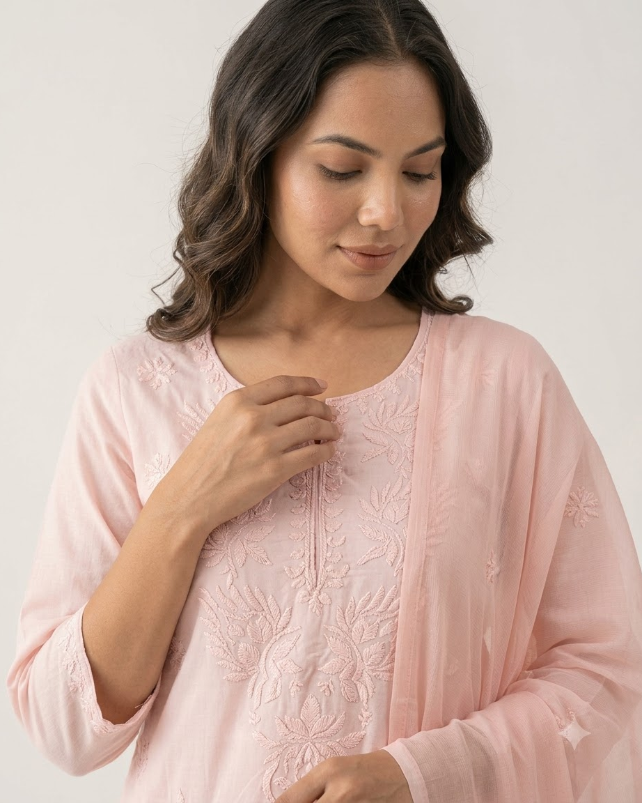 Women's Baby Pink Pure Cotton Embroidered Chikankari Kurta Pant Set with Dupatta – 3-Piece Blush Traditional Straight Suit Set