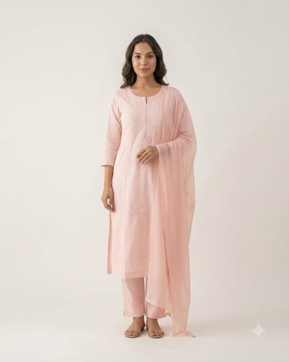 Women's Baby Pink Pure Cotton Embroidered Chikankari Kurta Pant Set with Dupatta – 3-Piece Blush Traditional Straight Suit Set