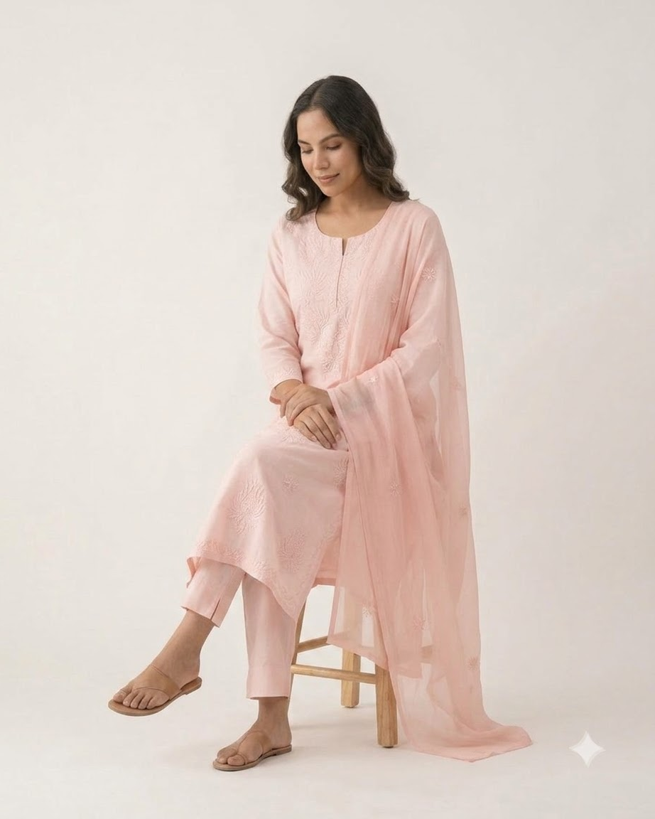 Women's Baby Pink Pure Cotton Embroidered Chikankari Kurta Pant Set with Dupatta – 3-Piece Blush Traditional Straight Suit Set