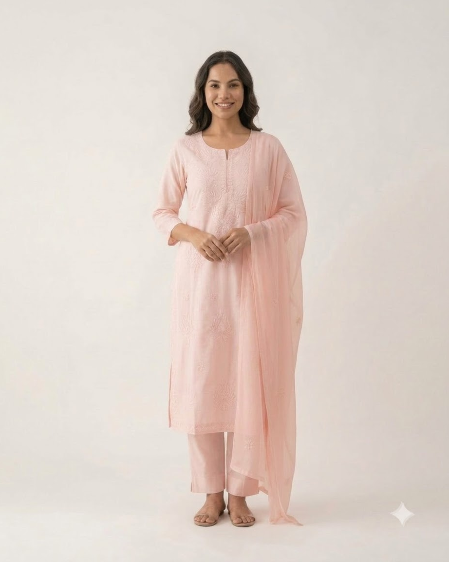 Women's Baby Pink Pure Cotton Embroidered Chikankari Kurta Pant Set with Dupatta – 3-Piece Blush Traditional Straight Suit Set