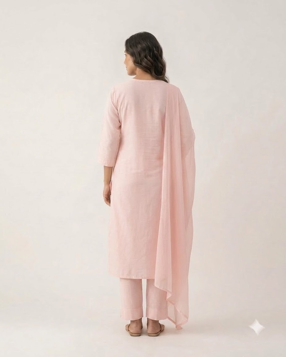 Women's Baby Pink Pure Cotton Embroidered Chikankari Kurta Pant Set with Dupatta – 3-Piece Blush Traditional Straight Suit Set