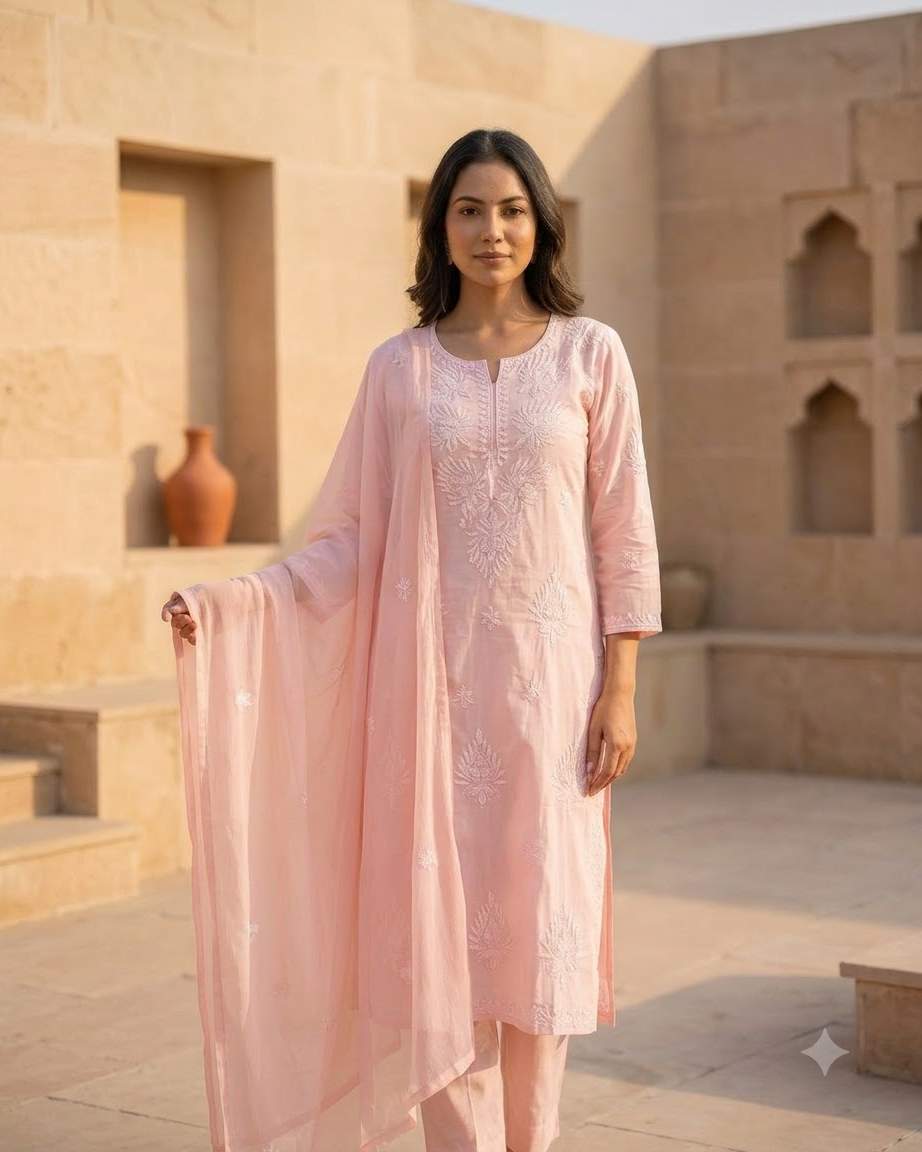 Women's Baby Pink Pure Cotton Embroidered Chikankari Kurta Pant Set with Dupatta – 3-Piece Blush Traditional Straight Suit Set
