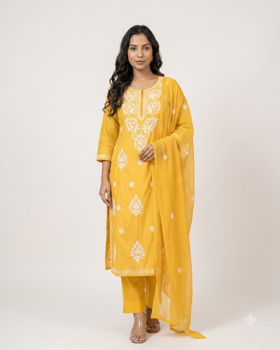 Women's Yellow Pure Cotton Embroidered Chikankari Kurta Pant Set with Dupatta – 3-Piece Haldi Traditional Straight Suit Set