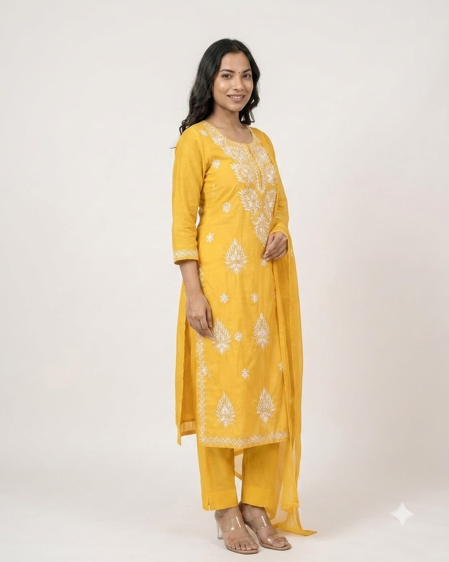Women's Yellow Pure Cotton Embroidered Chikankari Kurta Pant Set with Dupatta – 3-Piece Haldi Traditional Straight Suit Set