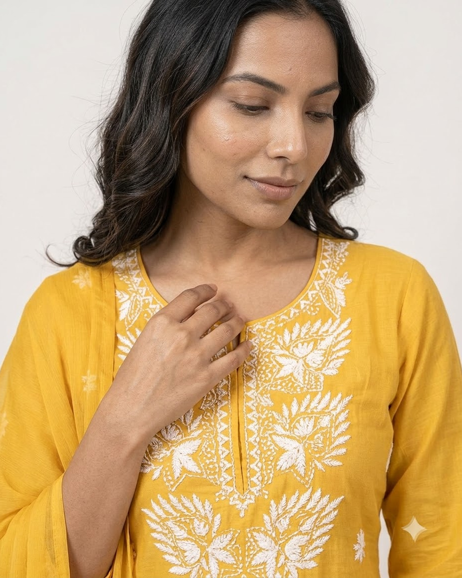 Women's Yellow Pure Cotton Embroidered Chikankari Kurta Pant Set with Dupatta – 3-Piece Haldi Traditional Straight Suit Set