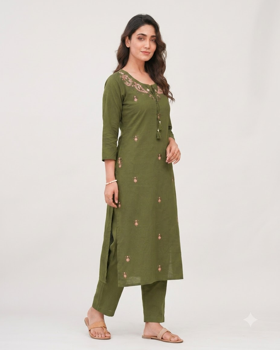 Women's Olive Green Pure Cotton Embroidered Kurta Pant Set – 3-Piece Mehendi Traditional Straight Suit Set with Mirror Work