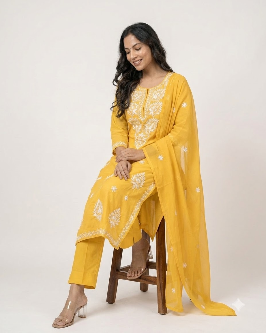 Women's Yellow Pure Cotton Embroidered Chikankari Kurta Pant Set with Dupatta – 3-Piece Haldi Traditional Straight Suit Set