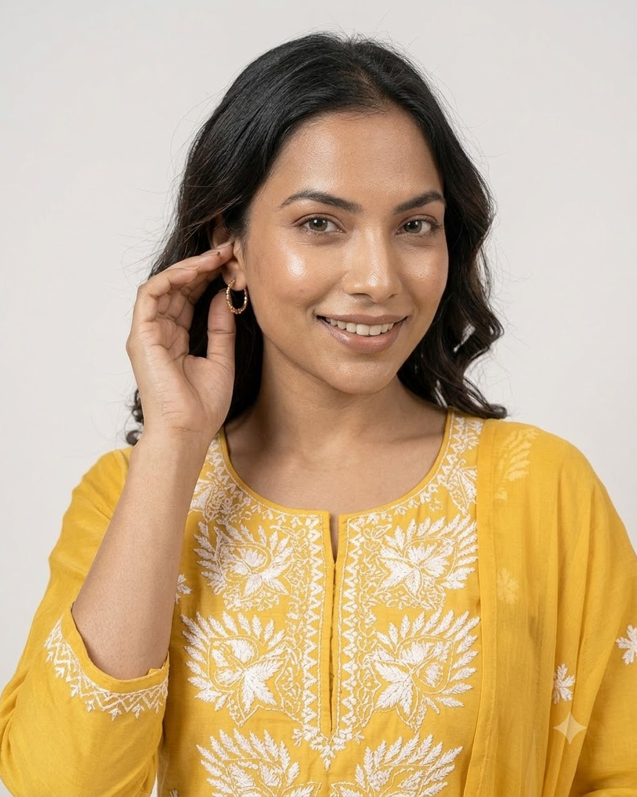 Women's Yellow Pure Cotton Embroidered Chikankari Kurta Pant Set with Dupatta – 3-Piece Haldi Traditional Straight Suit Set