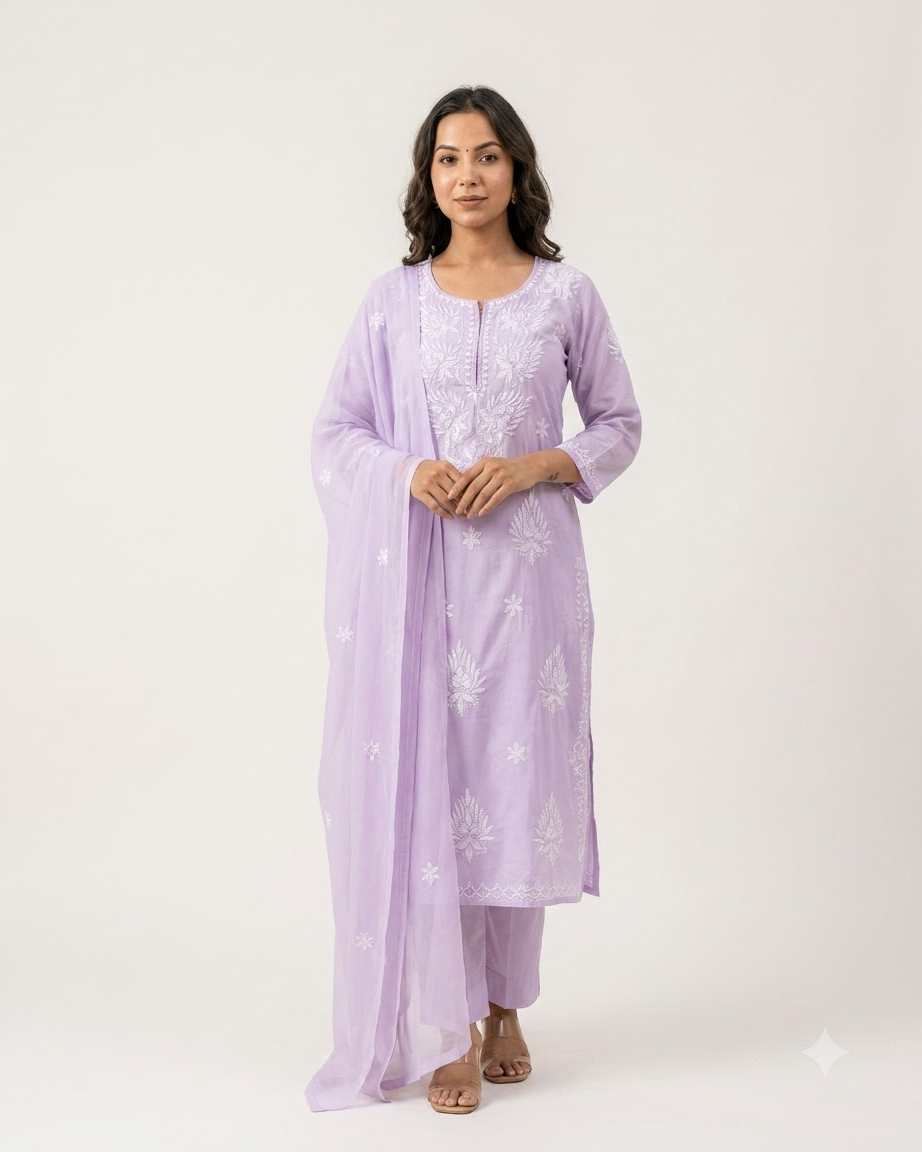 Women's Lilac Pure Cotton Embroidered Chikankari Kurta Pant Set with Dupatta – 3-Piece Pastel Purple Traditional Straight Suit Set