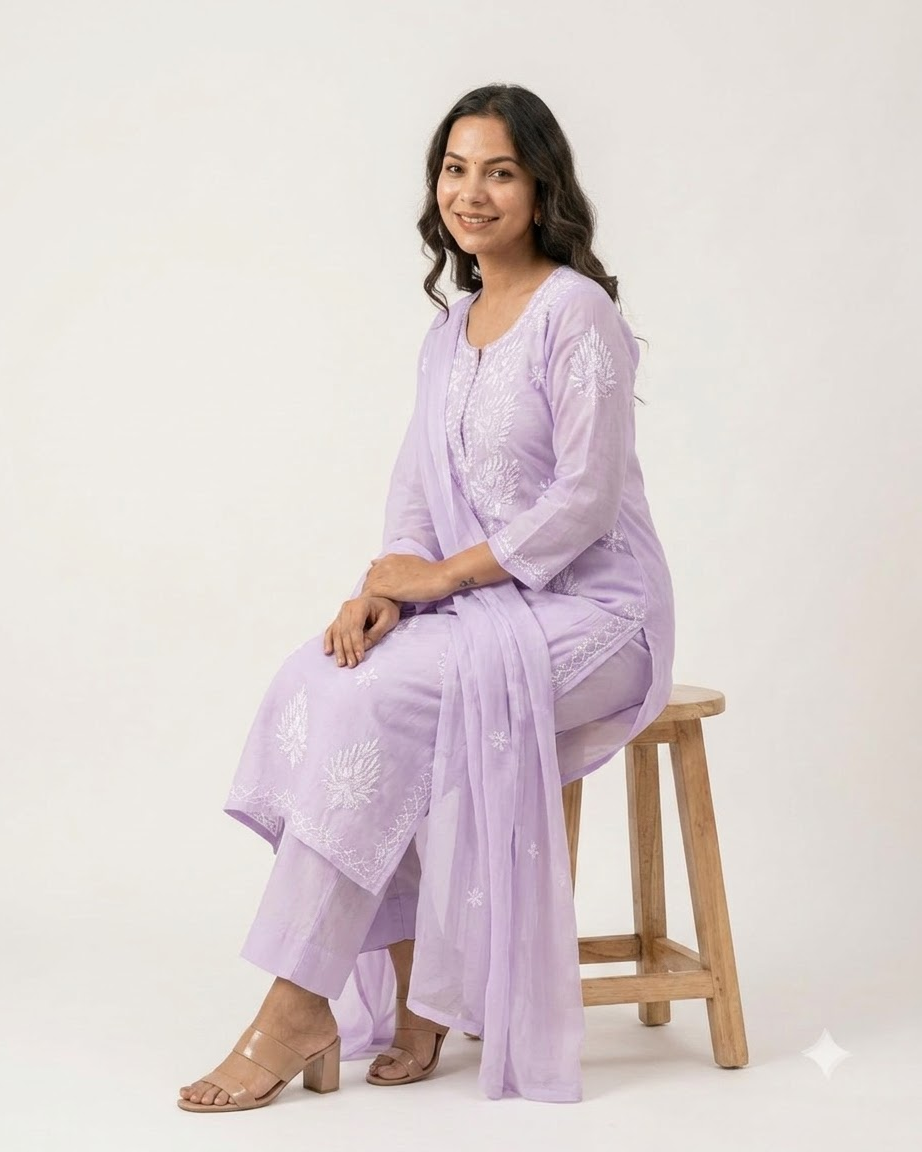 Women's Lilac Pure Cotton Embroidered Chikankari Kurta Pant Set with Dupatta – 3-Piece Pastel Purple Traditional Straight Suit Set
