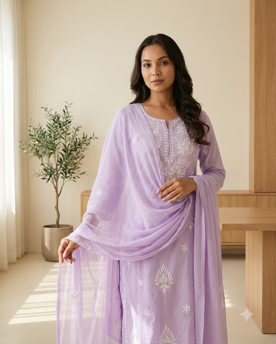 Women's Lilac Pure Cotton Embroidered Chikankari Kurta Pant Set with Dupatta – 3-Piece Pastel Purple Traditional Straight Suit Set