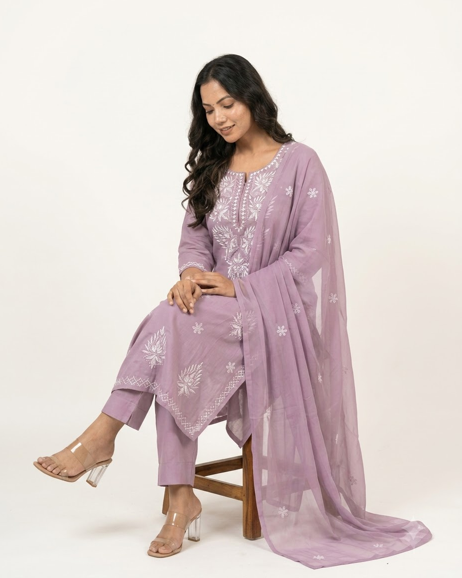 Women's Lavender Pure Cotton Embroidered Chikankari Kurta Pant Set with Dupatta – 3-Piece Lilac Traditional Straight Suit Set