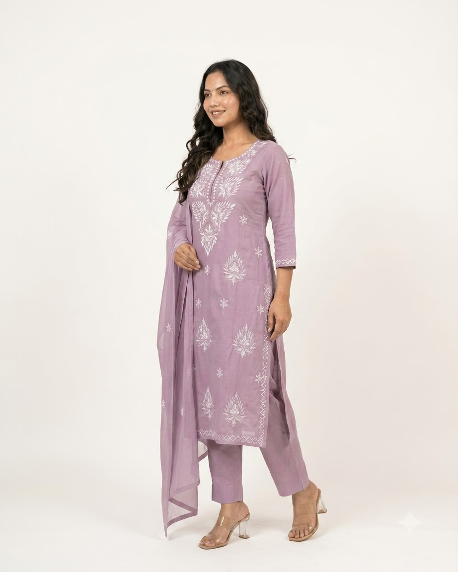 Women's Lavender Pure Cotton Embroidered Chikankari Kurta Pant Set with Dupatta – 3-Piece Lilac Traditional Straight Suit Set