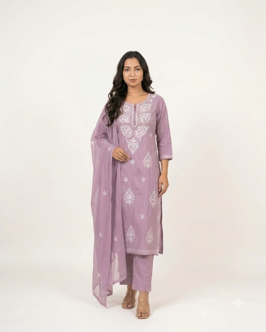 Women's Lavender Pure Cotton Embroidered Chikankari Kurta Pant Set with Dupatta – 3-Piece Lilac Traditional Straight Suit Set