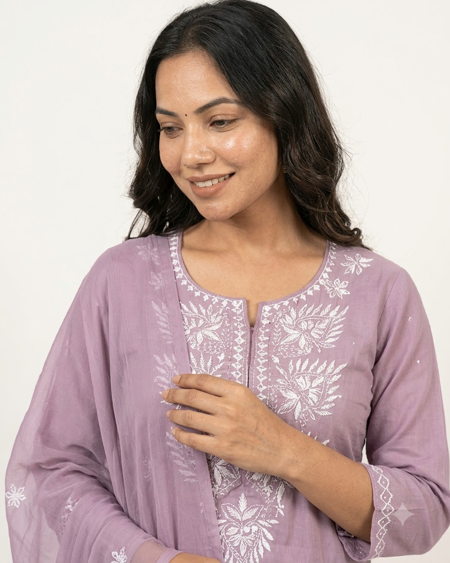 Women's Lavender Pure Cotton Embroidered Chikankari Kurta Pant Set with Dupatta – 3-Piece Lilac Traditional Straight Suit Set