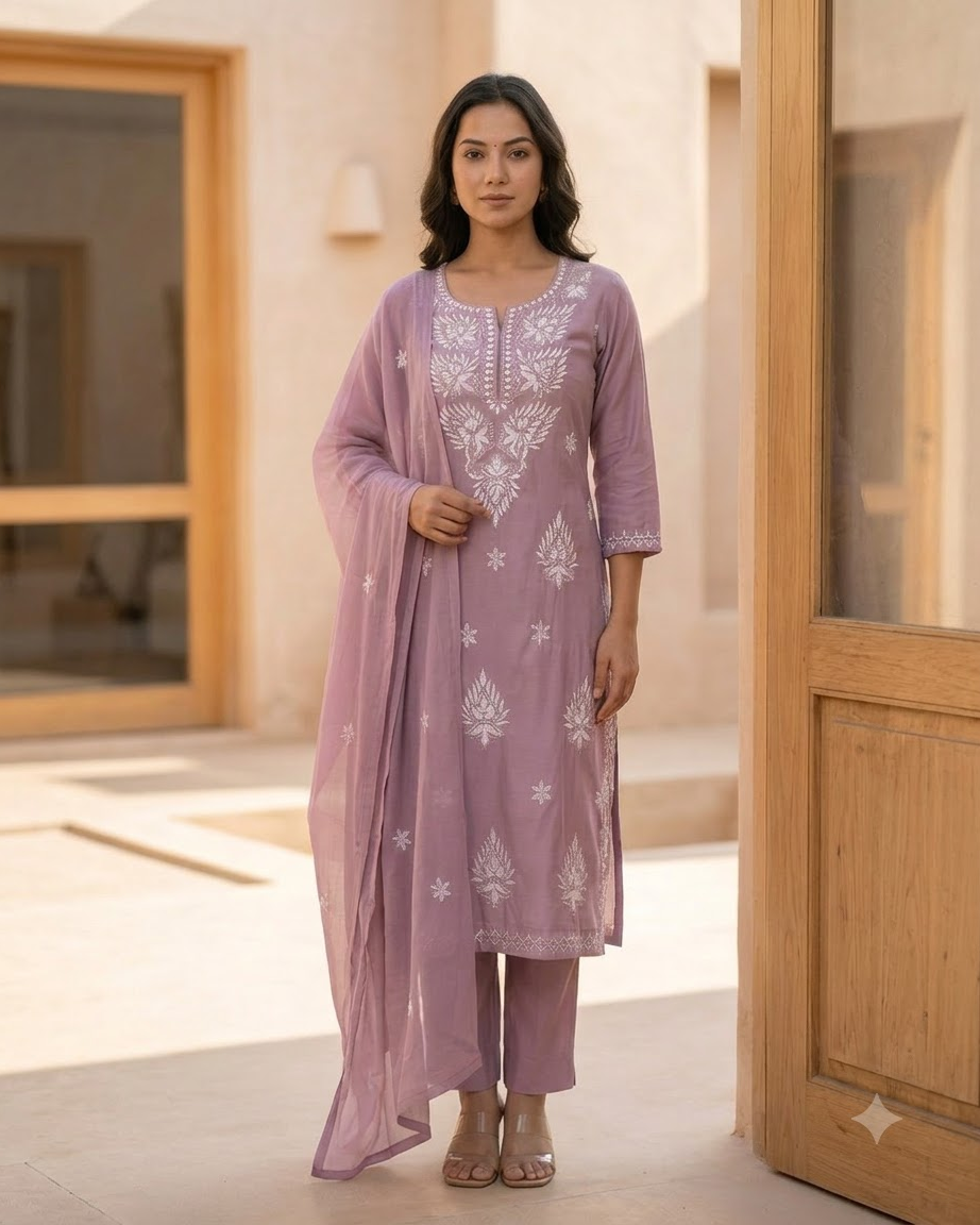 Women's Lavender Pure Cotton Embroidered Chikankari Kurta Pant Set with Dupatta – 3-Piece Lilac Traditional Straight Suit Set
