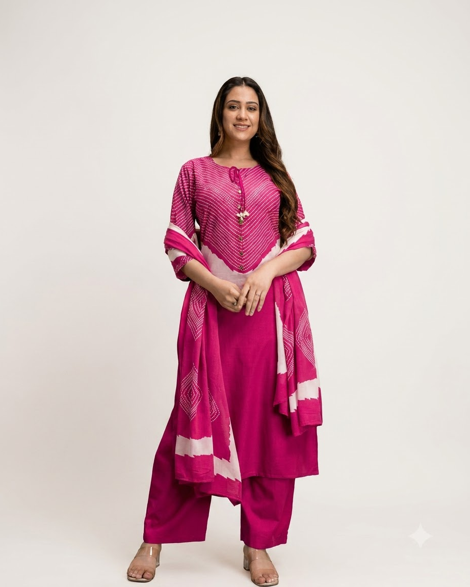Women's Fuchsia Pink Pure Cotton Chevron Print Kurta Pant Set with Dupatta – 3-Piece Traditional Paneled Straight Suit Set