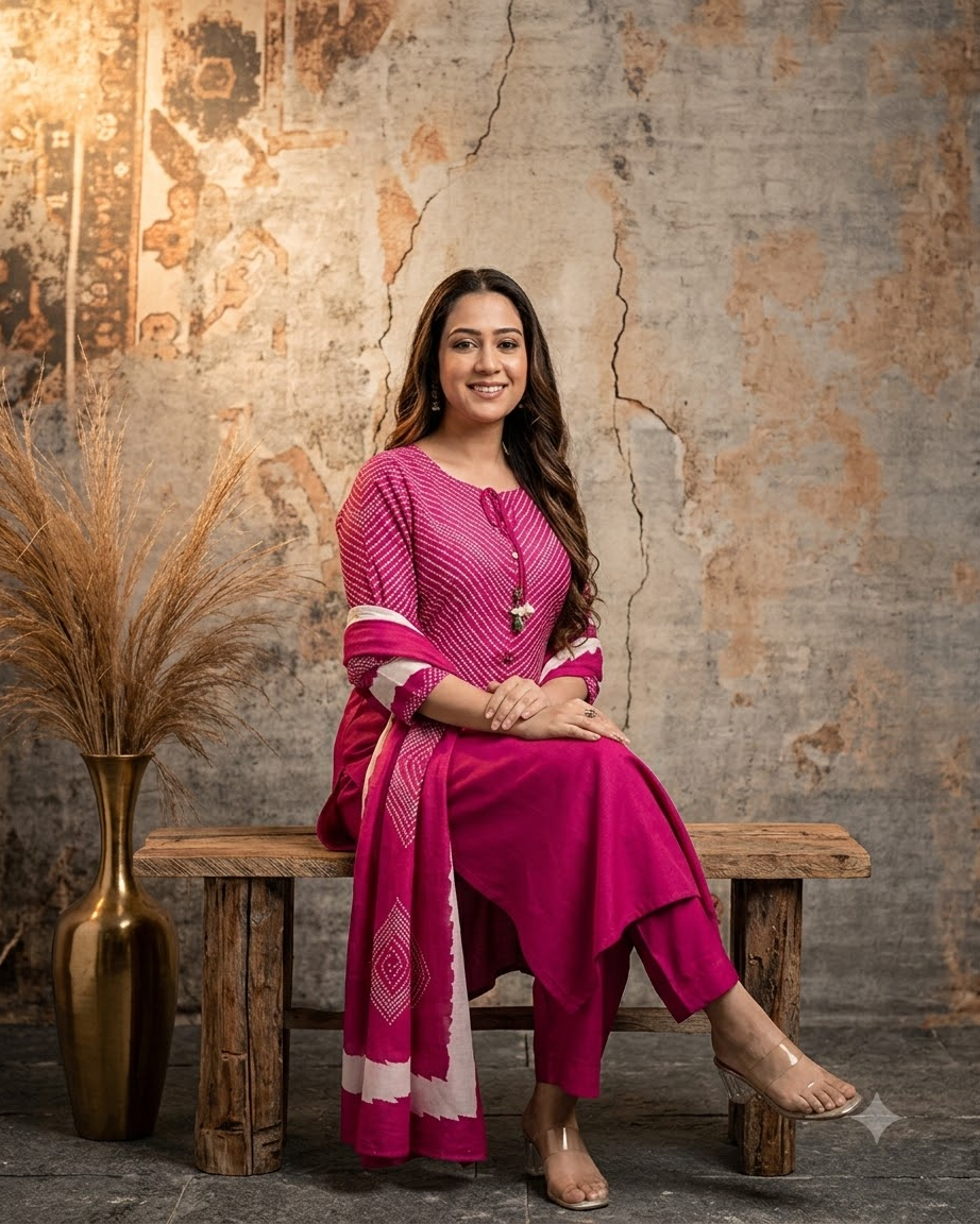 Women's Fuchsia Pink Pure Cotton Chevron Print Kurta Pant Set with Dupatta – 3-Piece Traditional Paneled Straight Suit Set