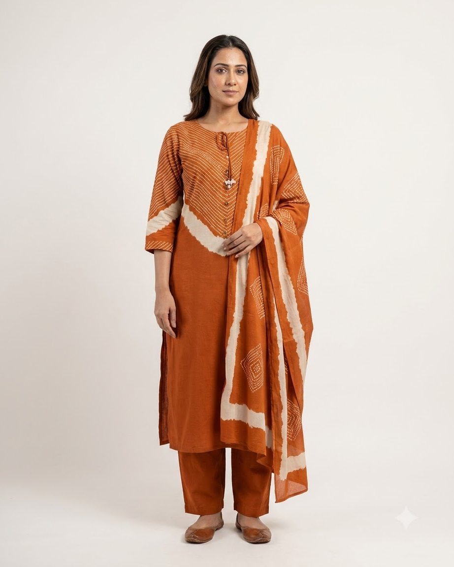 Women's Rust Orange Pure Cotton Chevron Print Kurta Pant Set with Dupatta – 3-Piece Traditional Paneled Straight Suit Set