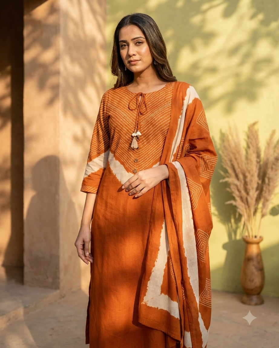 Women's Rust Orange Pure Cotton Chevron Print Kurta Pant Set with Dupatta – 3-Piece Traditional Paneled Straight Suit Set