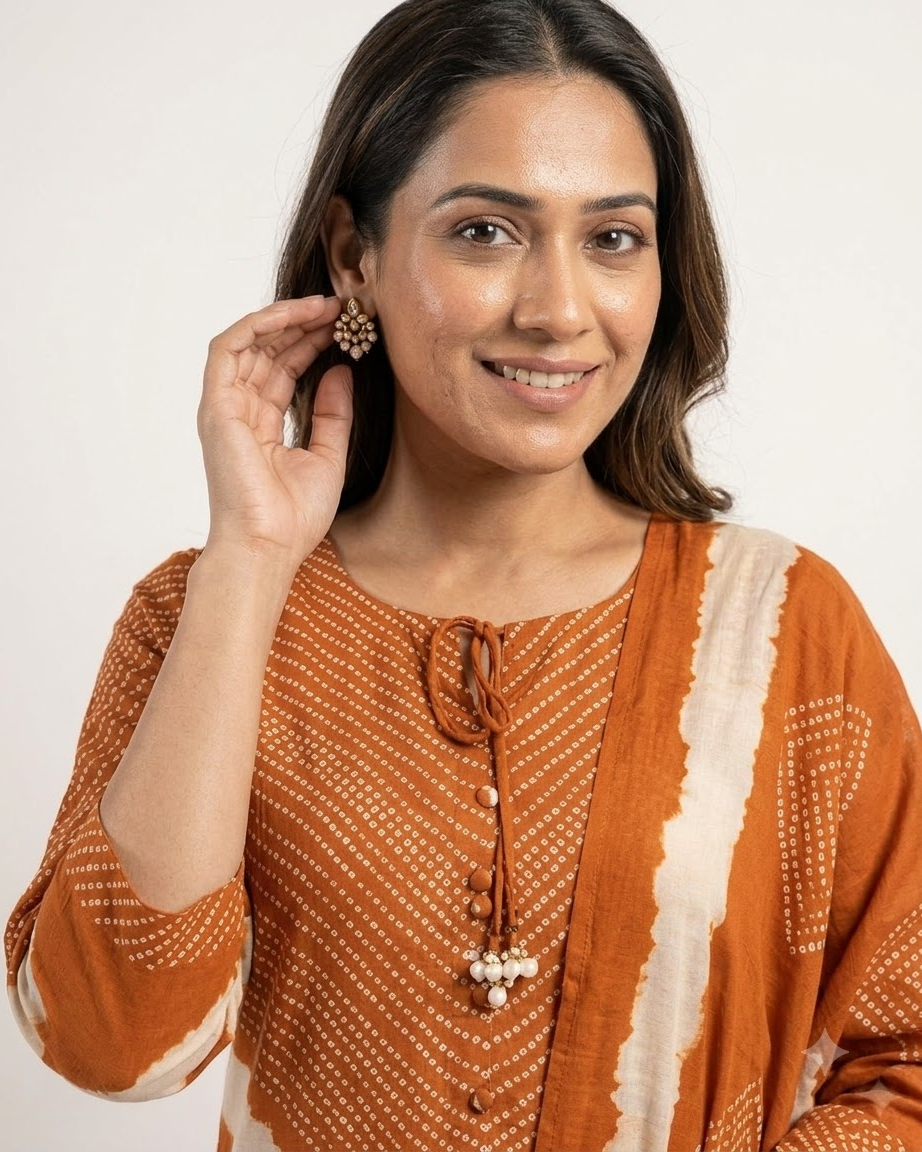 Women's Rust Orange Pure Cotton Chevron Print Kurta Pant Set with Dupatta – 3-Piece Traditional Paneled Straight Suit Set
