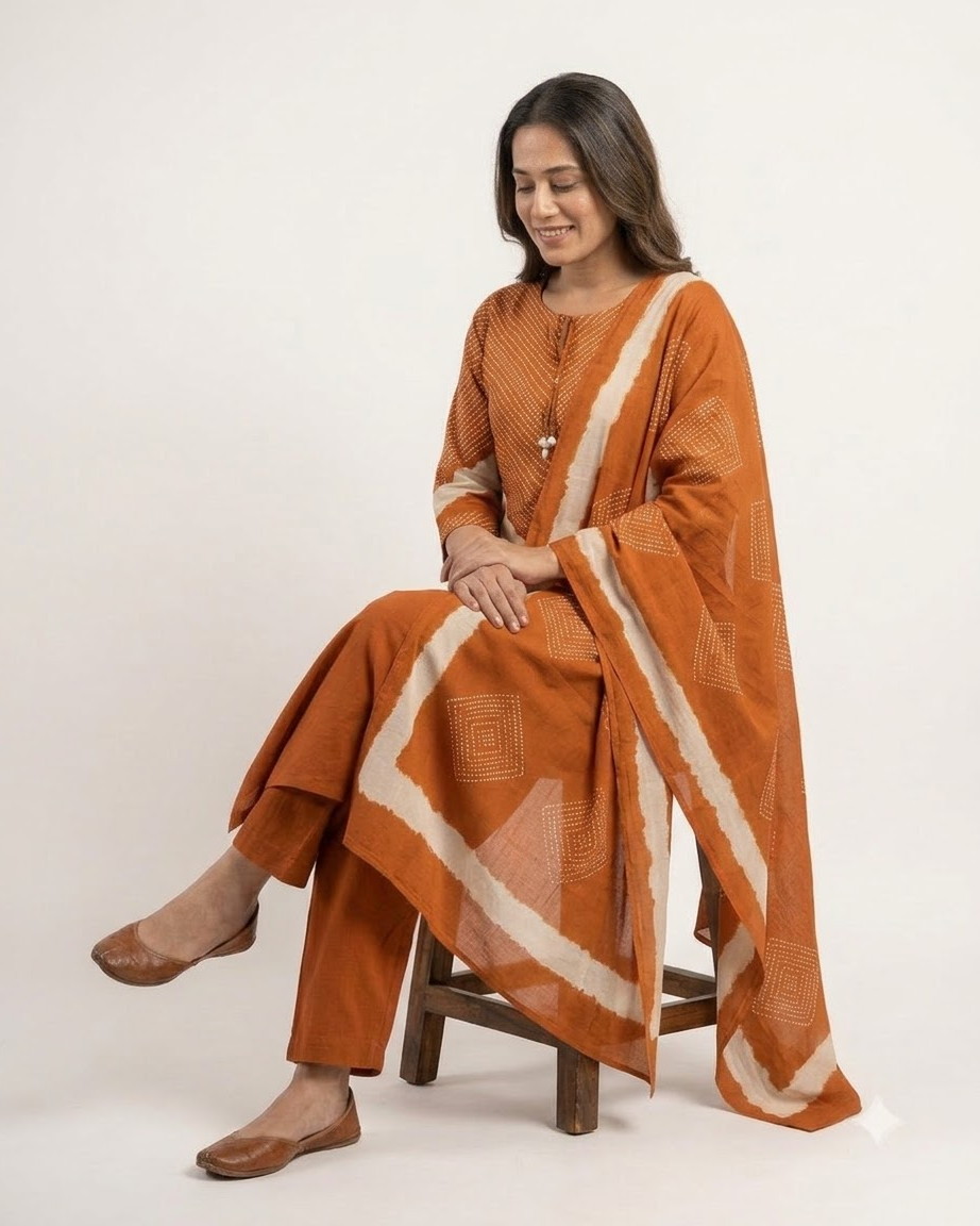 Women's Rust Orange Pure Cotton Chevron Print Kurta Pant Set with Dupatta – 3-Piece Traditional Paneled Straight Suit Set