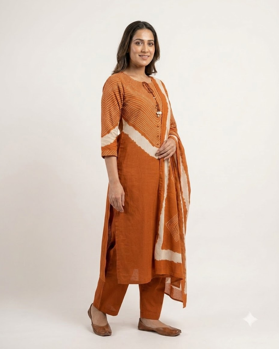 Women's Rust Orange Pure Cotton Chevron Print Kurta Pant Set with Dupatta – 3-Piece Traditional Paneled Straight Suit Set