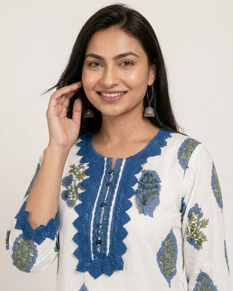 Women's White and Royal Blue Pure Cotton Paisley Print Kurta Pant Set with Dupatta – 3-Piece Traditional Jaipuri Straight Suit Set