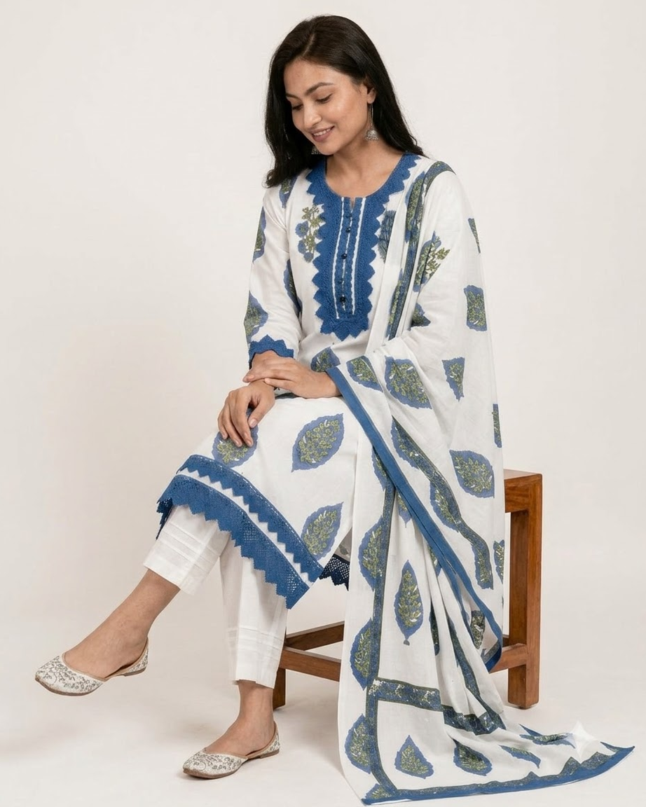 Women's White and Royal Blue Pure Cotton Paisley Print Kurta Pant Set with Dupatta – 3-Piece Traditional Jaipuri Straight Suit Set