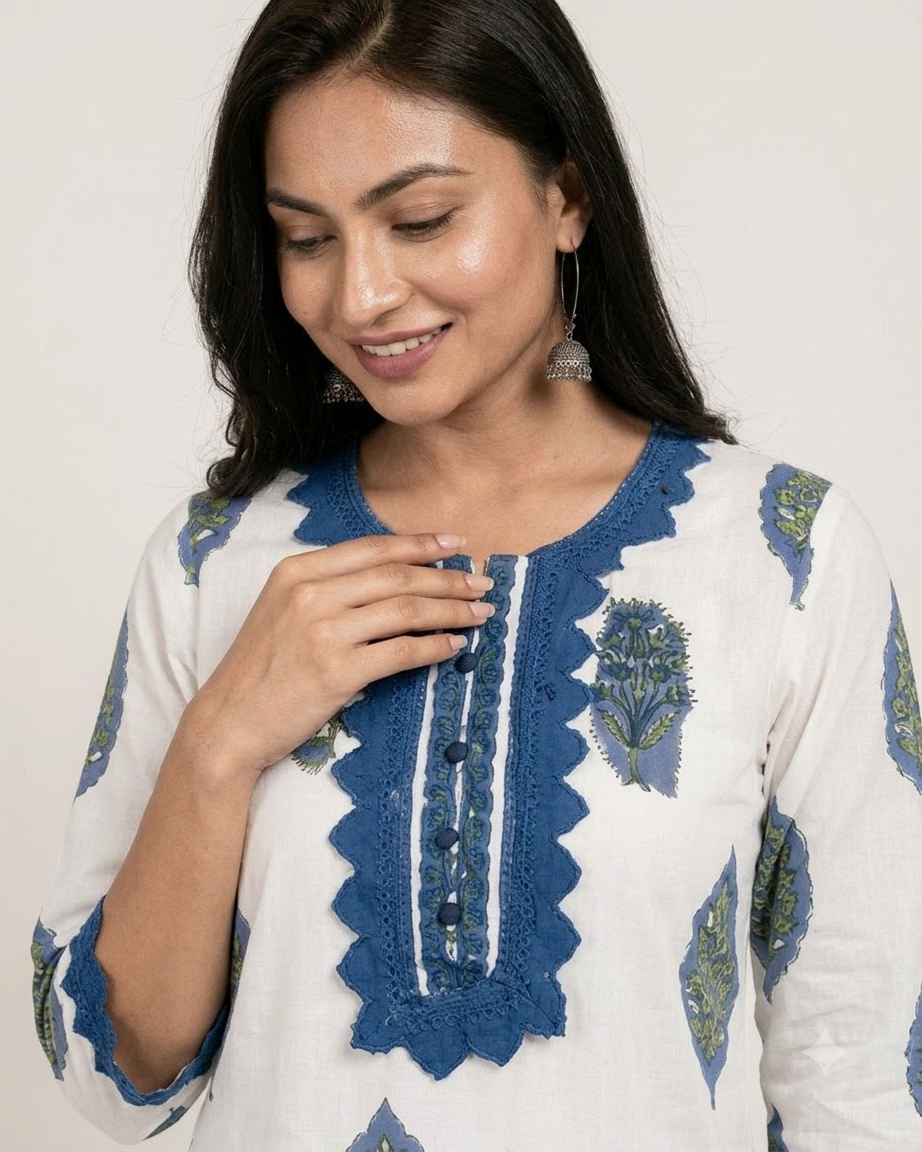 Women's White and Royal Blue Pure Cotton Paisley Print Kurta Pant Set with Dupatta – 3-Piece Traditional Jaipuri Straight Suit Set