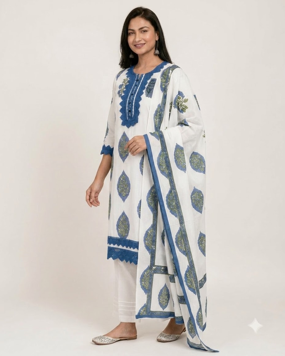 Women's White and Royal Blue Pure Cotton Paisley Print Kurta Pant Set with Dupatta – 3-Piece Traditional Jaipuri Straight Suit Set