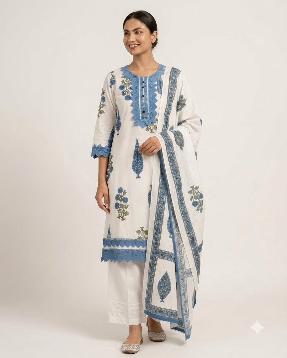 Women's White and Blue Pure Cotton Hand Block Print Kurta Pant Set with Dupatta – 3-Piece Traditional Sanganeri Straight Suit Set
