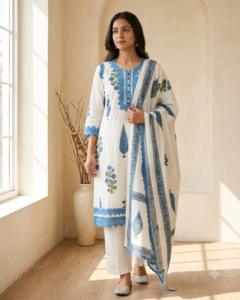 Women's White and Blue Pure Cotton Hand Block Print Kurta Pant Set with Dupatta – 3-Piece Traditional Sanganeri Straight Suit Set
