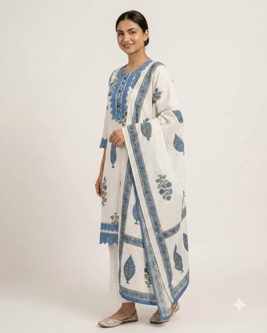 Women's White and Blue Pure Cotton Hand Block Print Kurta Pant Set with Dupatta – 3-Piece Traditional Sanganeri Straight Suit Set